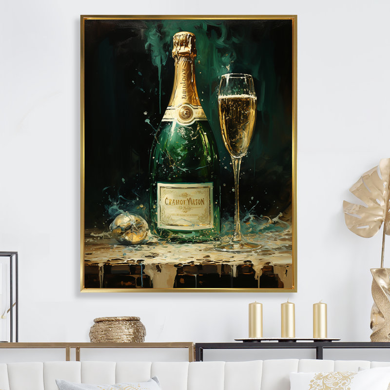 «Gold and Emerald Champagne Dream I» - Impression sur toile champagne, H 32 po x l 16 po x P 1 po, Cadre flottant doré