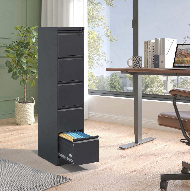 Classeur vertical à 5 tiroirs, en métal, verrouillable pour le bureau - standard, Black, 64.17" H x 17.72" W x 15.16" D