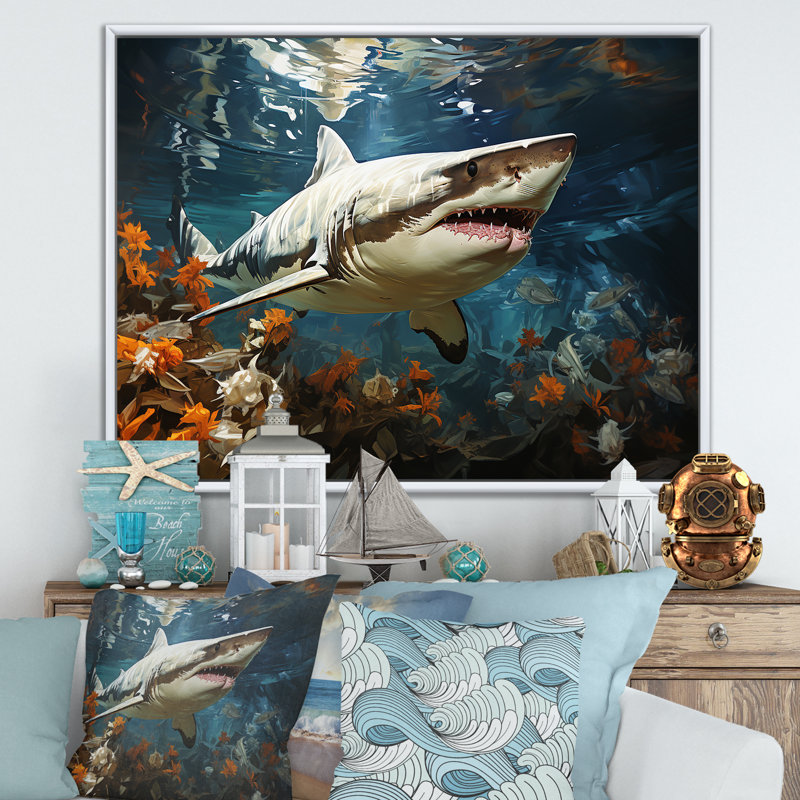 " Shark Ballet Painting ", 30" H x 40" W x 1.5" D, White Floater Framed