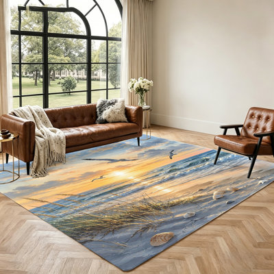 Tapis de plage, décoration côtière, motif de mouettes et coquillages, imprimé réaliste de coucher de soleil sur l'océan, tapis de sol doux et antidérapant pour salon, chambre, terrasse et décoration de bord de mer