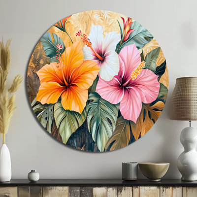 Hibiscus, Heliconia, Hawaï, art mural rond tropical, Island Botanicals