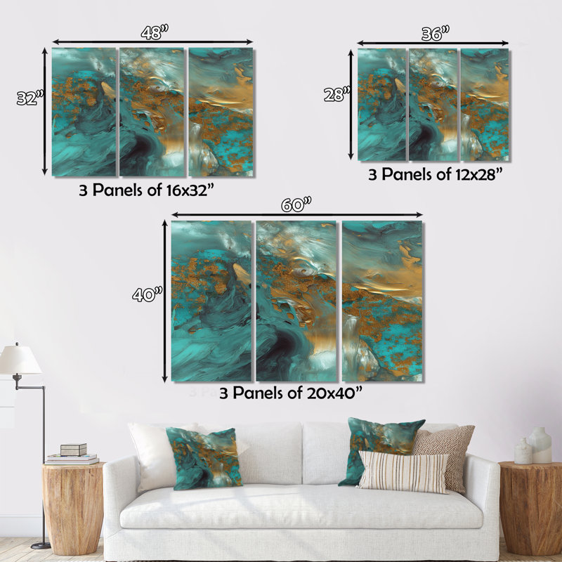 Golden Sunshine Wild Turquoise River Abstract IV 3 pièces, H 32 po x l 48 po x P 1 po