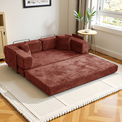 Canapé-lit convertible de 78,8 po, canapé de plancher pliable en velours résistant aux égratignures et en mousse double couche réversible, canapé modulaire à compression dans une boîte pour le salon et la chambre à coucher (vert)