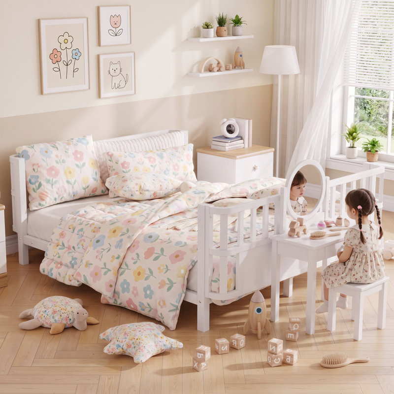 Lit plateforme en métal blanc à profil bas pour enfant avec garde-corps amovibles, Full, Blanc