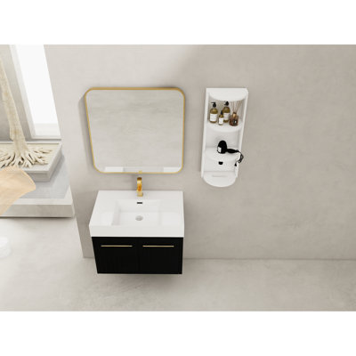 Meuble-lavabo de salle de bain de 30 po, lavabo en résine, support de rangement séparé, portes à fermeture en douceur, meuble-lavabo à surface rayée, armoire en châtaignier noir, charnières à trois parois en acier inoxydable à bords épais
