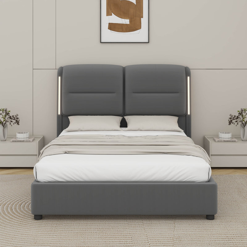 Queen Size Upholstered Hydraulic Platform Bed With Lift Up Storage And Sensor LED Lights, Grey