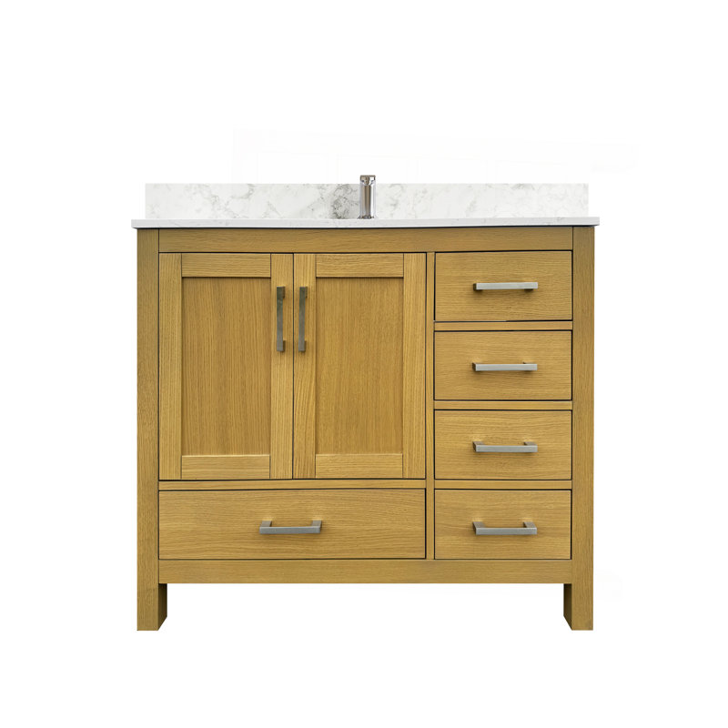Meuble-lavabo 42 po avec lavabo et trou pour robinet, meuble-lavabo avec 2 portes et 5 tiroirs en chêne