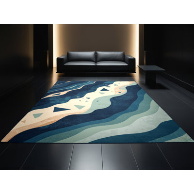 Tapis ovale abstrait bohème lavable à la machine en beige - reliure marine