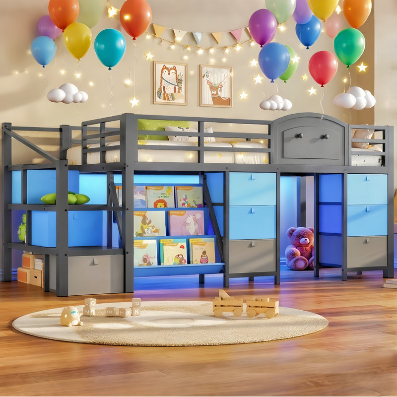 Lit mezzanine bas pour enfants avec 9 tiroirs de rangement et bibliothèque à 3 niveaux avec coin de lecture DEL, Noir gris