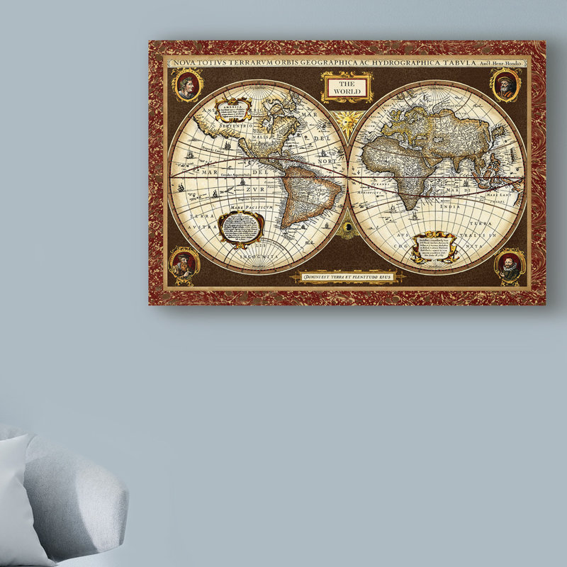 « decorative world map », reproduction d’impression sur toile tendue, H 30 po x l 47 po x P 2 po