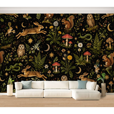 Wall Mural Peel and Stick Wallpaper Woodland Animals Foliage Owls Rabbits Squirrels Mushrooms Black Self-Adhesive Removable Contact Paper Wall Decor for Living Room Bedroom 100"H x 144"W
