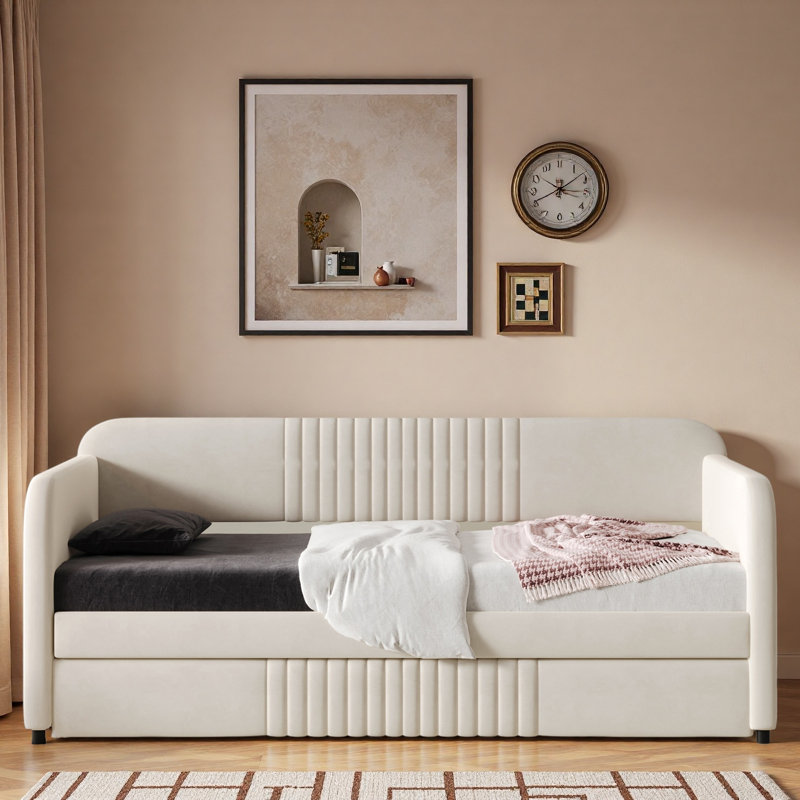 Upholstered Daybed With Trundle And Wood Slat, Beige