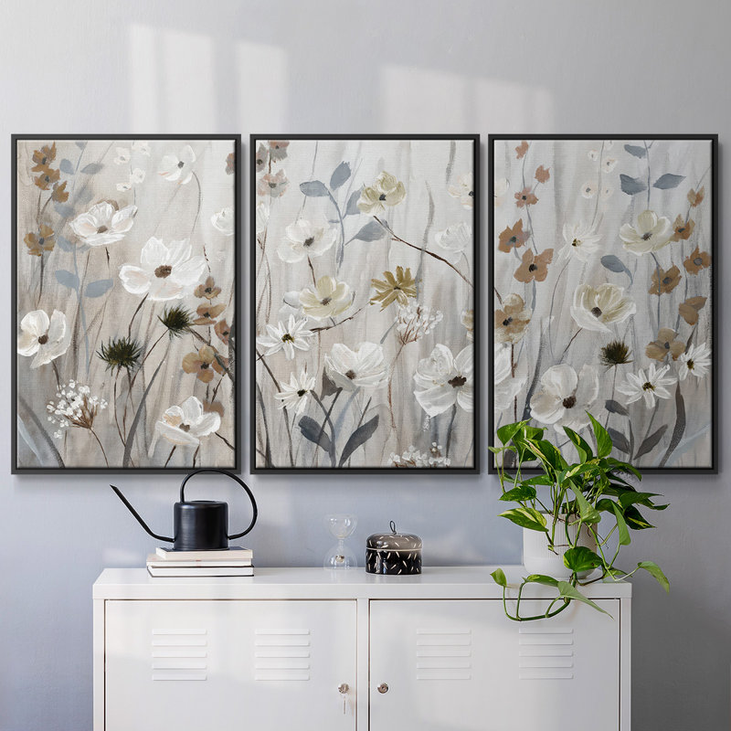«Misty Meadow Field», reproduction encadrée sur toile 3 pièces, Noir, H 40 po x l 78 po x P 2 po