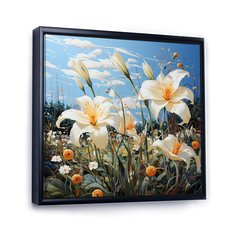Blanc, vert, lys, rêves - impression, Cadre flottant noir, H 30 po x l 30 po x P 1 po