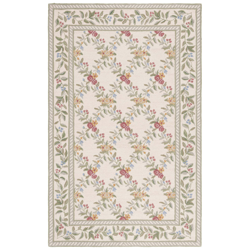 Hand Hooked Wool Pile Floral Rug, Rectangle 1'8" x 2'6"
