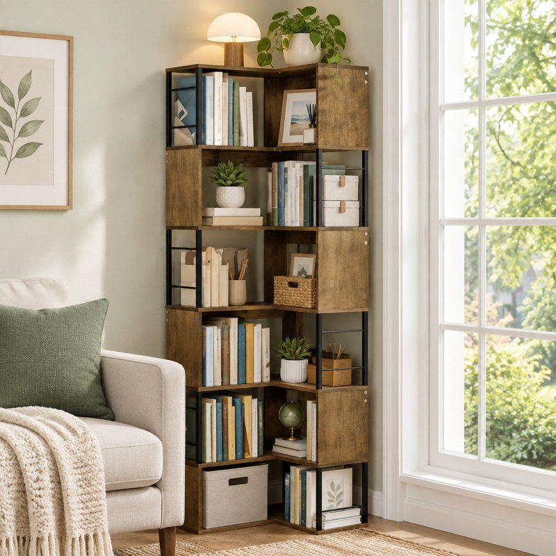 Cette bibliothèque d'angle brune en forme de L de 74 po possède 7 niveaux de tablettes en métal et en bois et un support anti-basculement, avec une capacité de 77 lb par tablette.