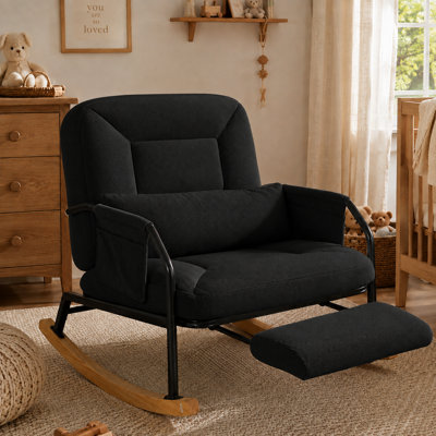 Oversized Rocking Chair with  4-Position  Adjustable Backrest and Retractable Footrest, Nursery Rocker Chair with Pillow and Pockets for Living Room, Bedroom and Balcony, Corduroy 
