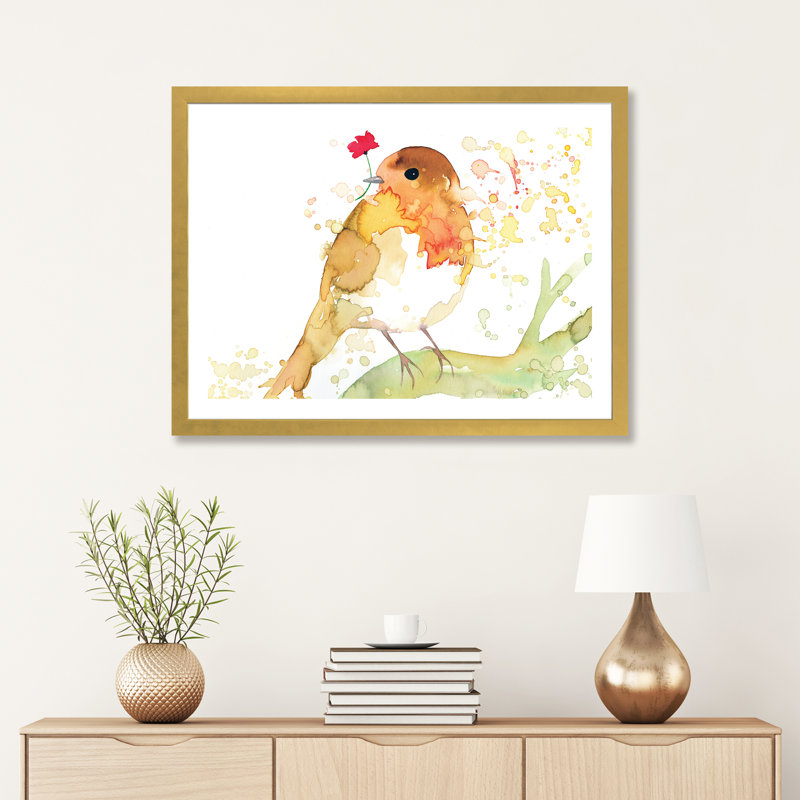 Robin avec coquelicot - reproduction d'art, H 24 po x l 32 po x P 1 po, Papier encadré doré, Blanc