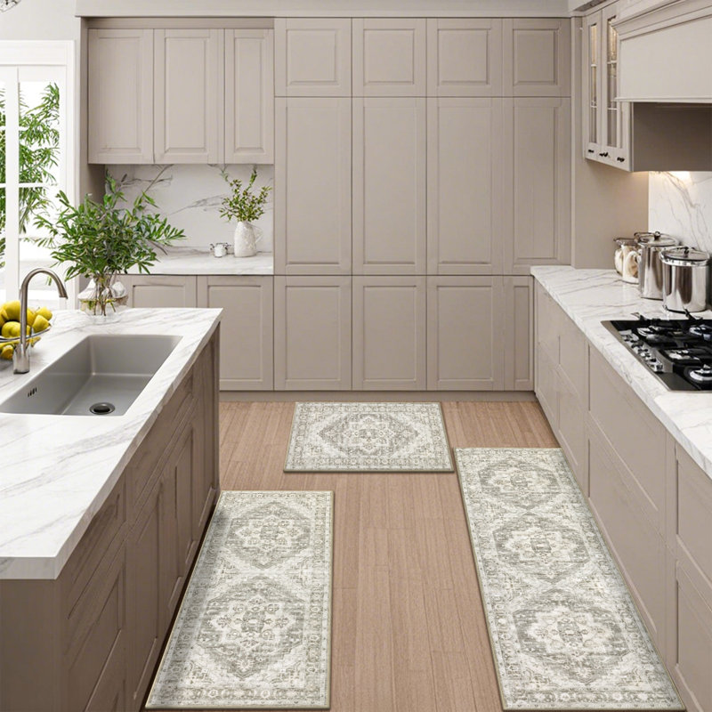 Machine Washable Kitchen Mat with Non-Slip Backing (Set of 3), Gray