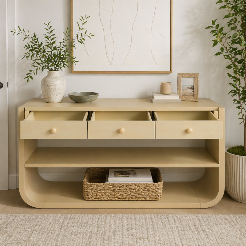 Console moderne avec 3 tiroirs à fermeture en douceur et 2 tablettes ouvertes, Naturel