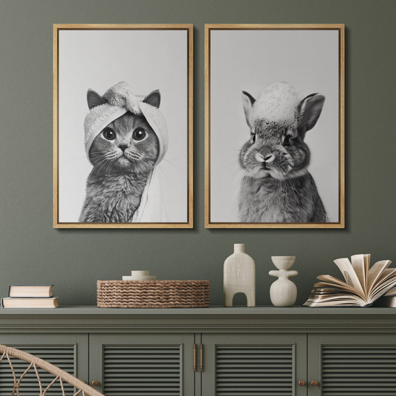 «Cat and Rabbit Spa Day», ensemble d'art mural sur toile, impressions encadrées d'humour animal noir et blanc pour décor de salle de bain fantaisiste