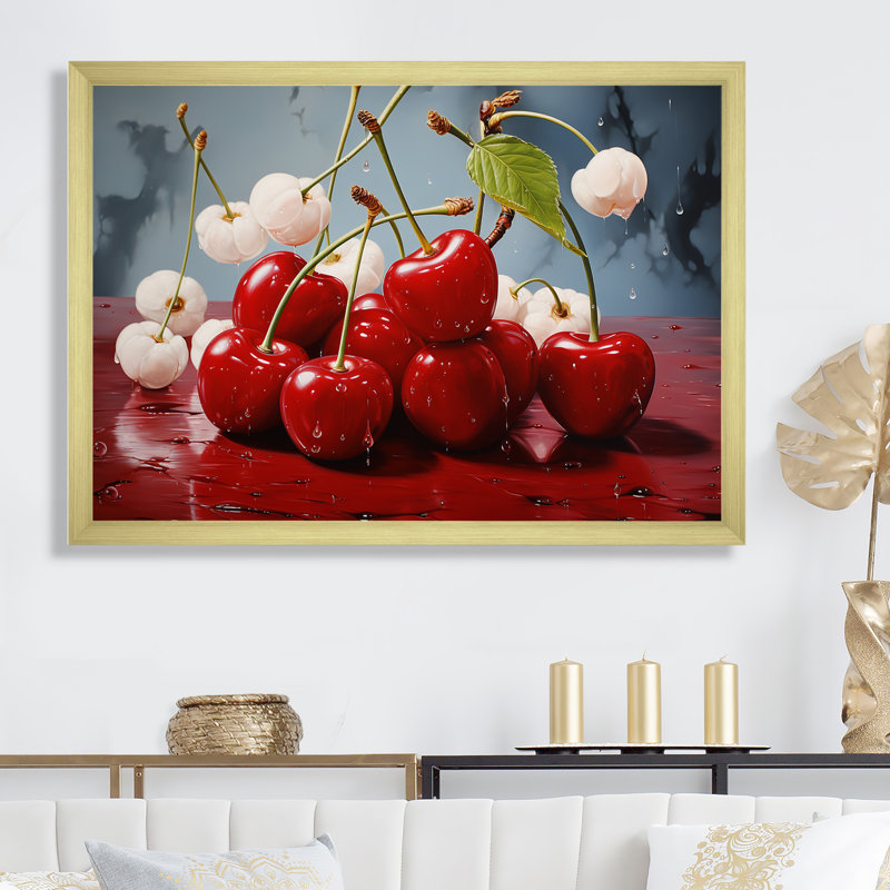 Chuckling Cherry Red - fruits, impressions sur toile_105731, H 24 po x l 32 po x P 1 po, Encadrement doré
