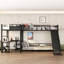 Lit superposé en L en métal avec lit mezzanine simple, bureau et tablettes de rangement