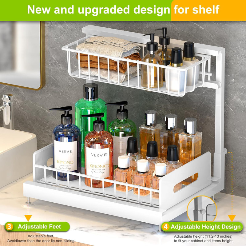 2 Pack Under Sink Organizer And Storage,Pull Out Cabinet Organizer 2 Tier Slide Out Sink Shelf Cabinet Organizer Adjustable Metal Under Counter Organizers For Kitchen Bathroom Organization(White)