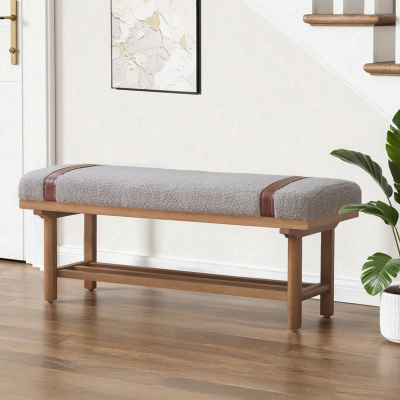 44.5"W Solid Wood Upholstered Bench with Storage Shelf and PU Leather Belt, Light Gray