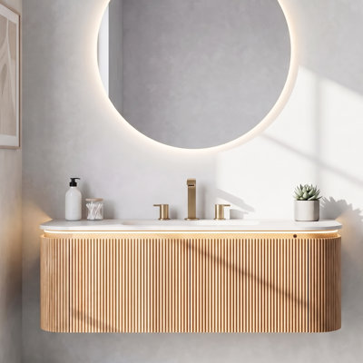 Ensemble de meuble-lavabo mural 48 po avec finition en bois naturel rayé 48 po avec lavabo en pierre frittée, 3 trous de robinet, éclairage DEL