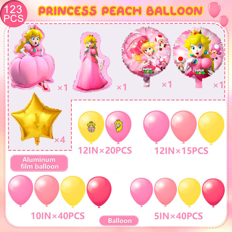 Princess Peach Party Decorations, 123pcs Princess Peach Birthday Balloons Kit