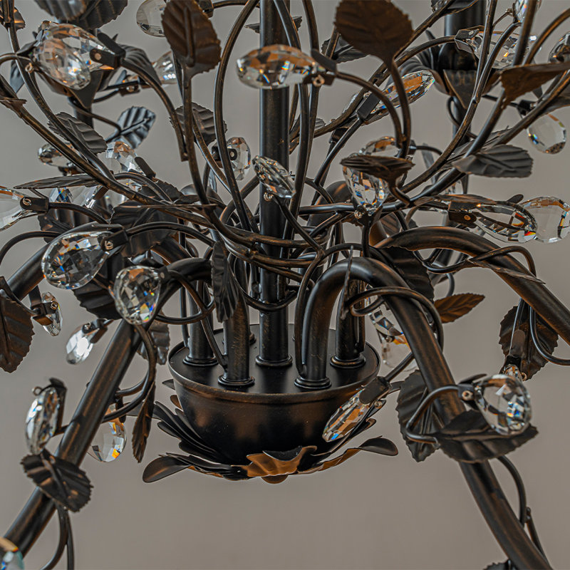 Lustre contemporain contemporain en forme de feuille de bronze foncé avec accents de cristal pour le salon de la salle à manger