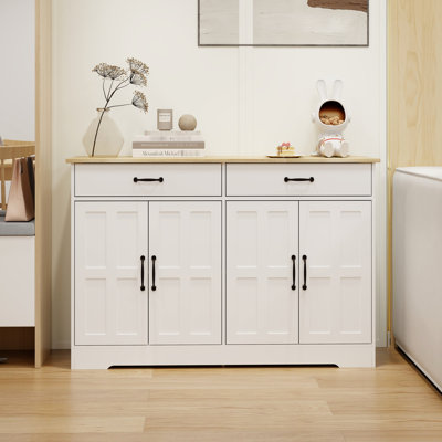 White Buffet Cabinet 47.56". 2 Drawers, 4 Doors. For Kitchen Display. Exquisite Painting Process, Stable Structure 47.56" In - . Living Room, Home Office. Finish, Coating