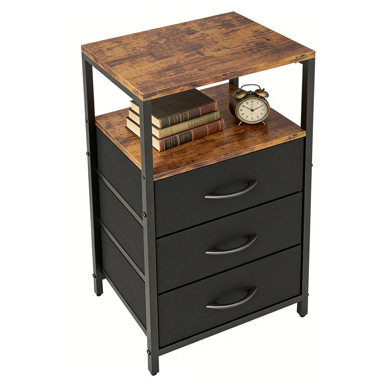 Industrial 3 Drawer Nightstand with Open Shelf, Rustic Wood & Metal Frame Bedside Table, Small End Table for Bedroom, Living Room
