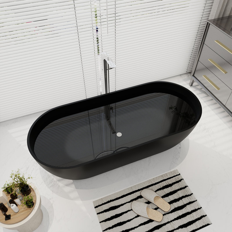 69'' x 29'' Freestanding Soaking Solid Surface Bathtub, Matte Black