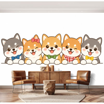 Papier peint adhésif peler et coller Adorable adorable kawaii japonais, chien, shiba, saluant, griffonnage, papier autocollant amovible, décoration murale pour le salon, chambre H 69 po x l 96 po
