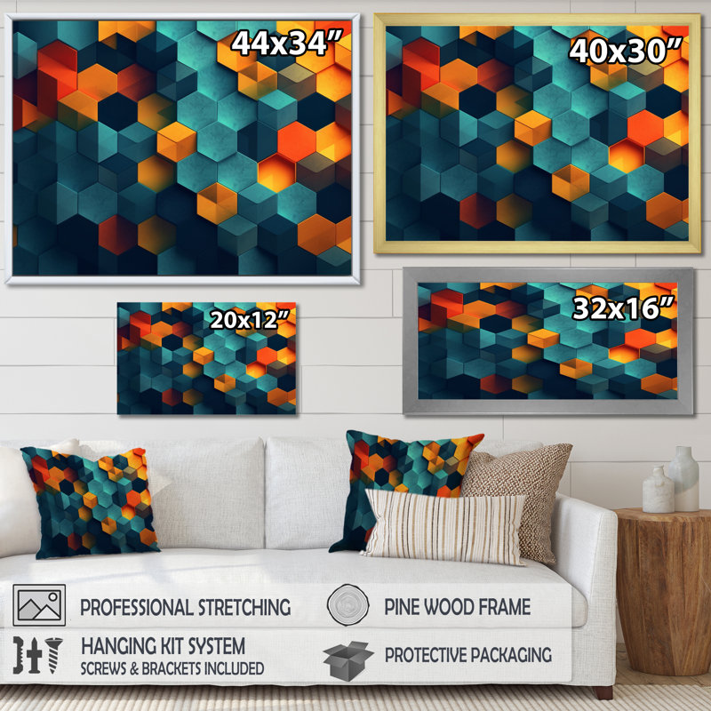 Abstractions géométriques orange et turquoise, reproduction sur toile, H 12 po x l 20 po x P 1 po, Cadre flottant noir