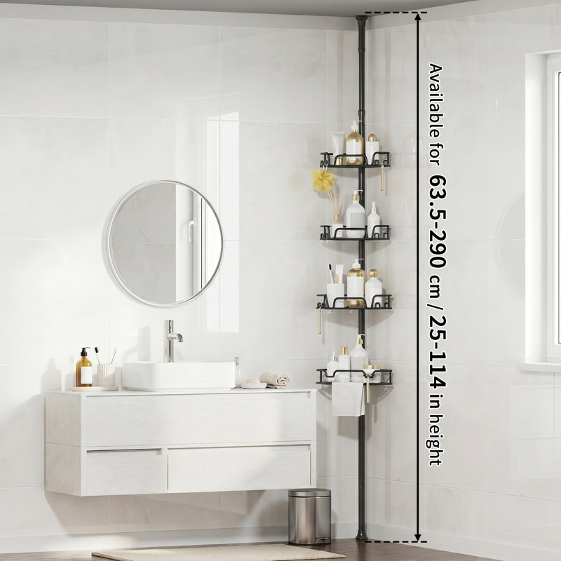 Serviteur de douche à poteau de tension réglable, organisateur de coin de salle de bain à 4 niveaux sans installation de perçage, support de rangement de salle de bain imperméable, noir