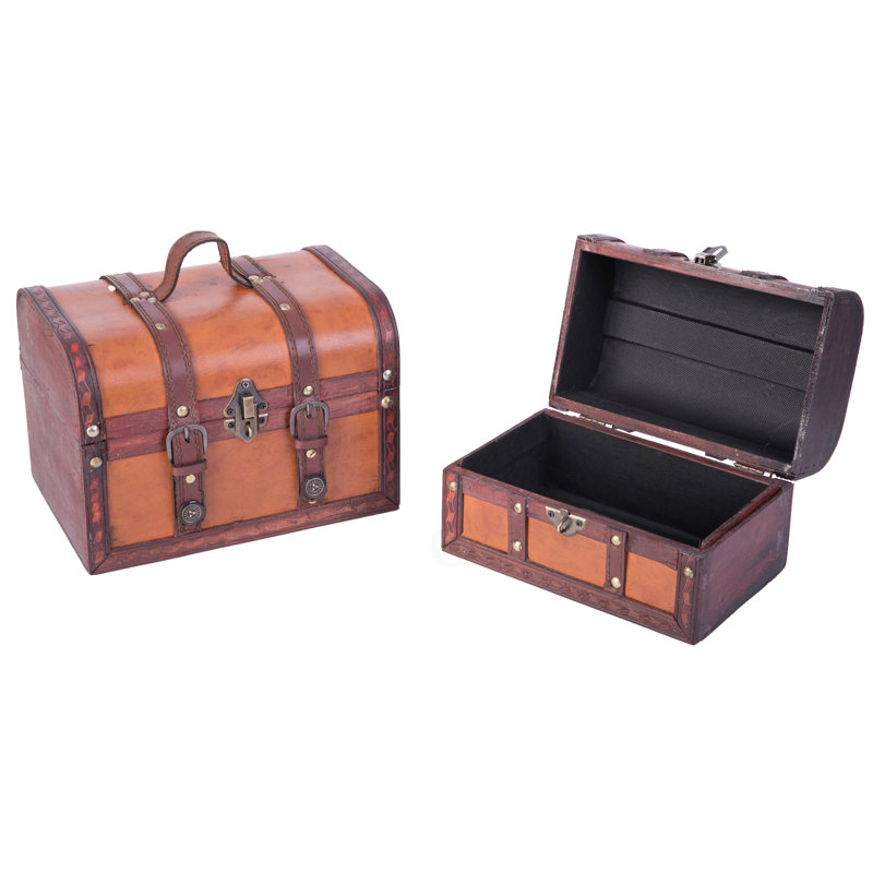 Vintage Brown Leather Storage Trunk Set with Brass Accents