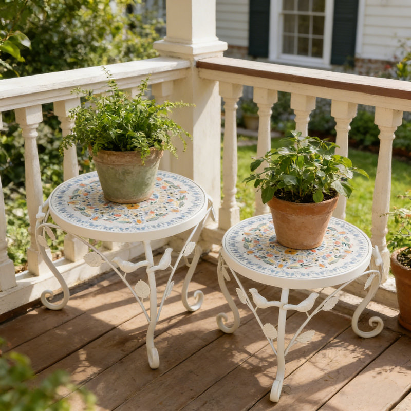 Ensemble de 2 porte-plantes, support à fleurs rond en mosaïque pour patio, salon, jardin , Blanc