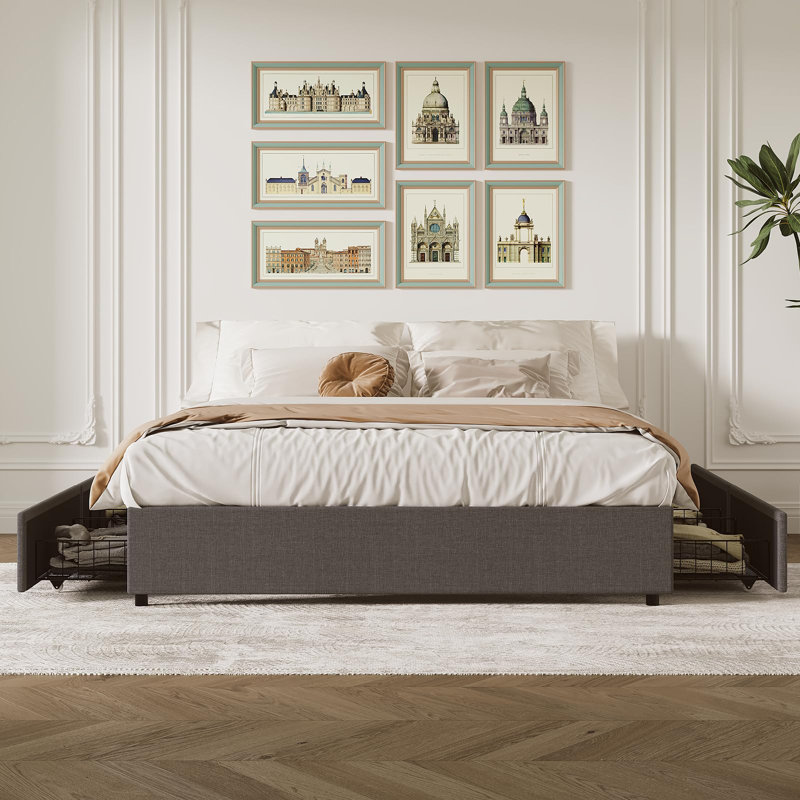 Structure de lit plateforme, tissu recouvert de tissu avec 4 tiroirs de rangement, aucun sommier requis, support de lattes en bois, silencieux, assemblage facile