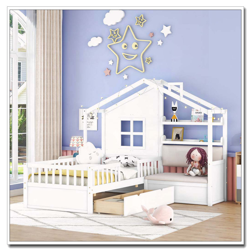Lit simple avec canapé, 2 tiroirs et tablette de rangement pour enfants, blanc