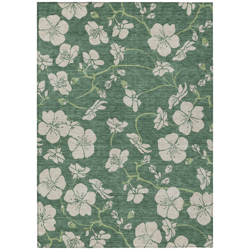 Tapis extérieur lavable floral à motif sauge et ivoire 10 pi x 14 pi