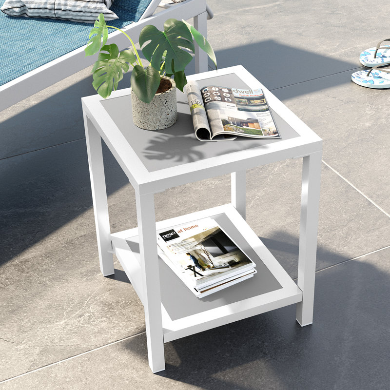 Patio End Table Outdoor Aluminum Side Table, Grey/White