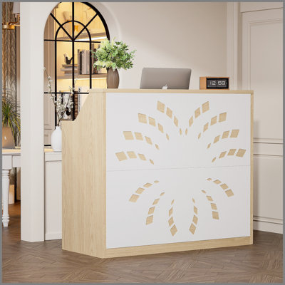 Bureau de réception de 46,5 pouces avec armoire de rangement, réception, comptoir de caisse - un bureau de réception moderne adapté aux halls d'entrée, aux bureaux et aux salons de beauté, naturel et blanc