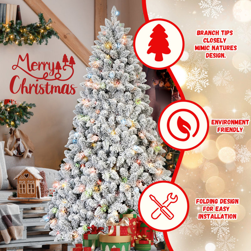 7 pi. Arbre de Noël floqué avec 500 lumières UL colorées, 1124 pointes - pointes en PVC enneigées, 45 pommes de pin naturelles, fil mémoire, branches articulées, arbre de Noël artificiel vert, support en métal stable, installation facile