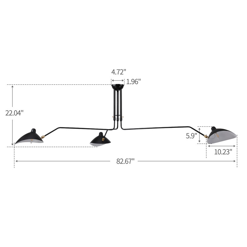 Three Arm Ceiling Lamp Pivoting Rotating Black Arm Shade Semi Flush Mount, 22.04" H x 82.67" W x 82.67" D