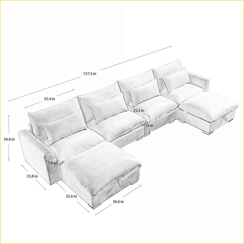 Canapés modulaires pour salon / chambre à coucher, siège profond en U à 4 places avec tabourets de rangement et amp; Coussins de taille | Velours côtelé | Vert forêt