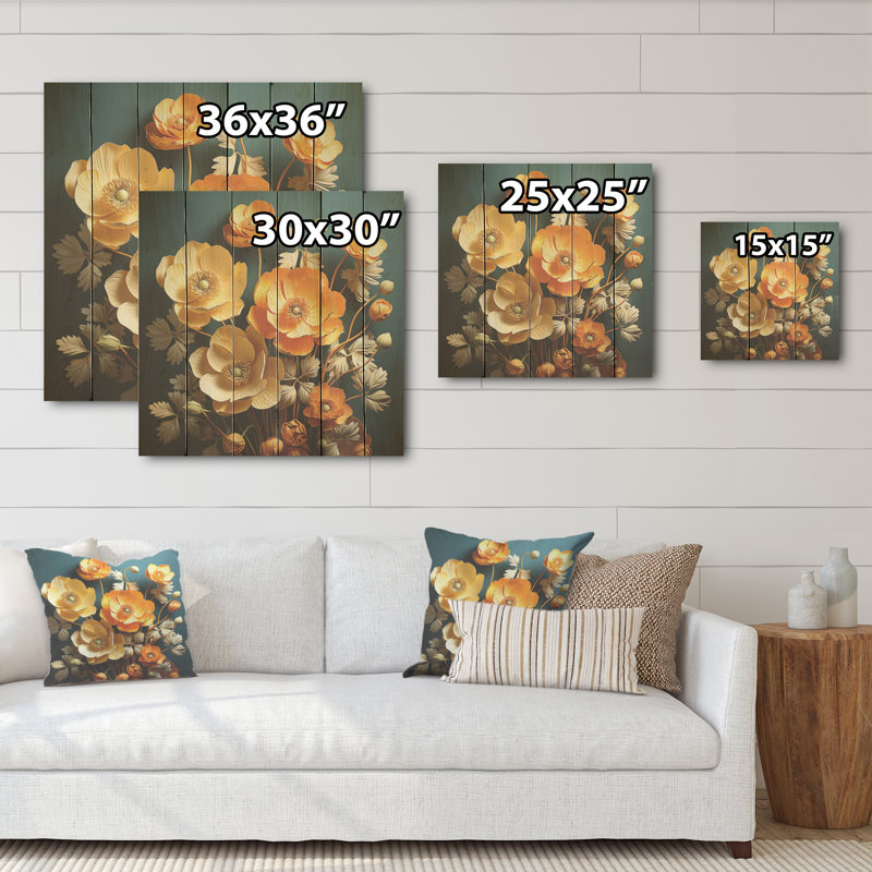 «Yellow Buttercups», art mural sur bois de pin naturel, H 15 po x l 15 po