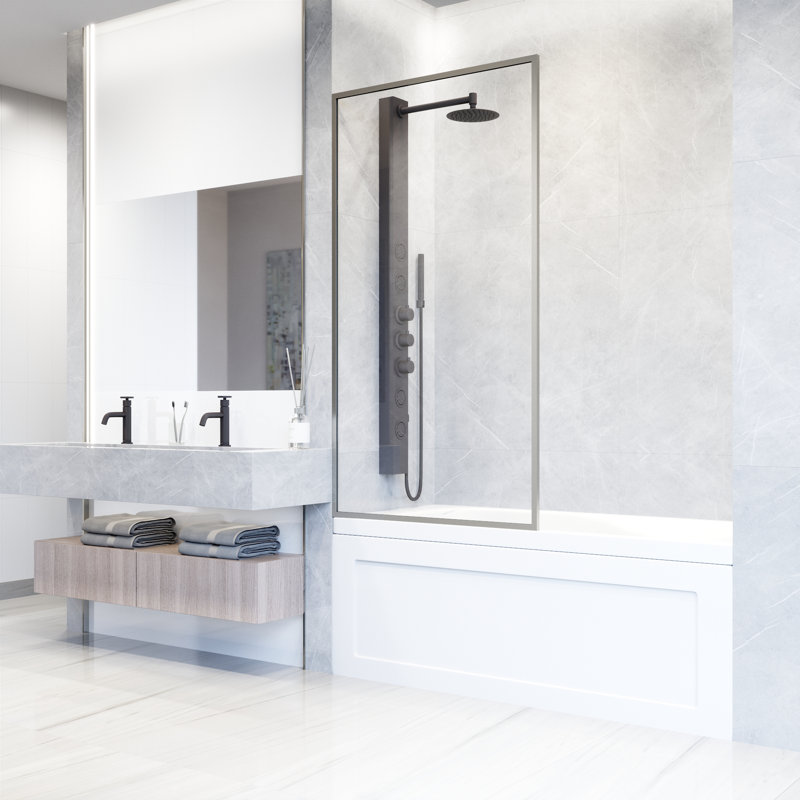 Meridian 34" W x 62" H Fixed Framed Bathtub Screen with 3/8" Glass, Stainless Steel Clear